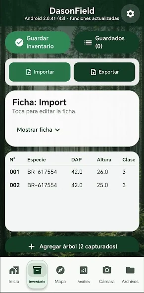 Captura real de DasonField Android: ficha y registros de inventario con especie, DAP y altura.