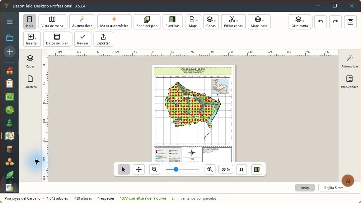 DasonField Desktop real: herramientas de CartoStudio y composición de un mapa forestal.